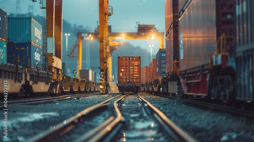 Aufkleber Containers are being transferred from a truck to a train at a freight terminal, highlighting the integration of transport modes. Generative AI
