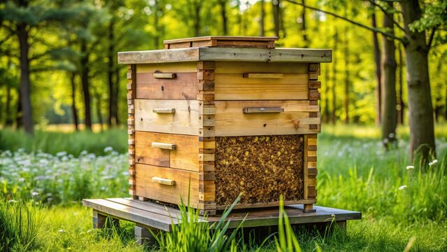 Beehive in the apiary with natural beekeeping practices