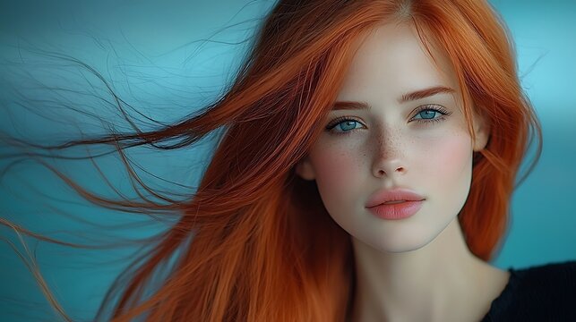 A super model with perfekt long red thick hair blowing calmly in the wind looking to the left, studio light photography, dark blue grainy background. Ultra-Realistic, Photo Realistic, highly 