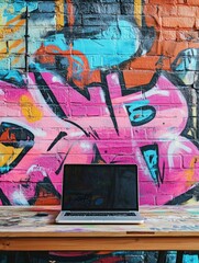 A laptop sits on a wooden table against a vibrant graffiti backdrop, suggesting a creative and lively workspace in an urban setting. Generative AI