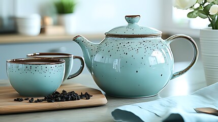 A blue teapot and two mugs with loose tea leaves on a wooden cutting board.
