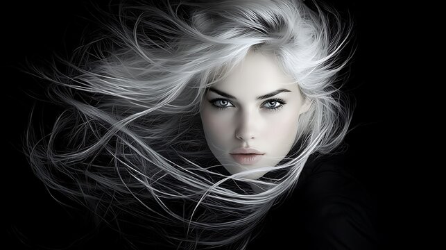 screenprint, a female german model with flowing blond hair and intense gaze, wearing a deconstructed habit in monochrome tones with metallic accessories, muted colors with flashes of iridescent 