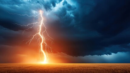 Obraz premium Dramatic lightning strike illuminating a dark stormy sky over a field.