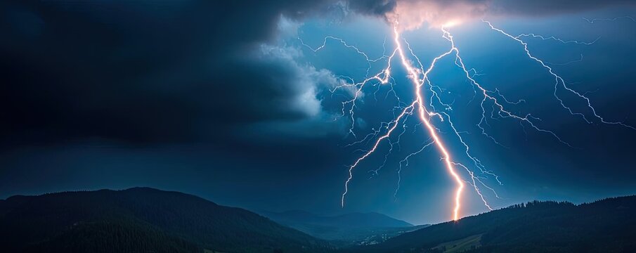 Dramatic lightning strikes illuminate dark stormy skies over rolling hills.