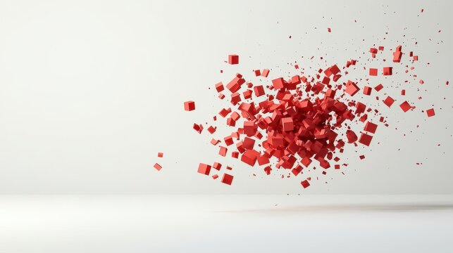 3D geometric shapes breaking into fragments in midair, basic shapes, fragmented explosion