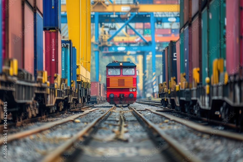 Poster freight containers are being transferred from trucks to trains at a bustling transport terminal, sho