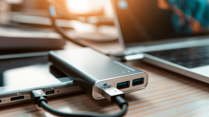 Close-Up of a Sleek USB Hub with Multiple Ports Connected to Various Devices, Set Against a Blurred Background of Electronic Gadgets, Illuminated by Soft, Natural Light to Emphasize Its Modern Design 