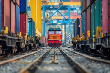Obraz premium Freight containers are being transferred from trucks to trains at a bustling transport terminal, showcasing integrated logistics. Generative AI