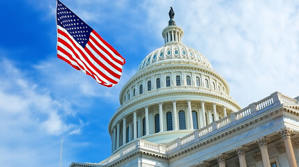 The US Congress and the American Flag waving in the wind, daylight. Cool 4th of July, National Holiday Design. The White House, President Residence, Stars and Stripes. American Independence Capitol.