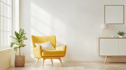 Fototapeta premium Bright Scandinavian living room with pastel yellow armchair, minimalist decor, modern white walls, light oak flooring, and natural sunlight