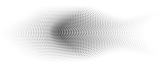 Flowing Wave Dot Halftone Pattern: Curve Gradient Shape on Transparent Background. Suitable for AI, Tech, Network, Digital, Science, and Technology Themes.