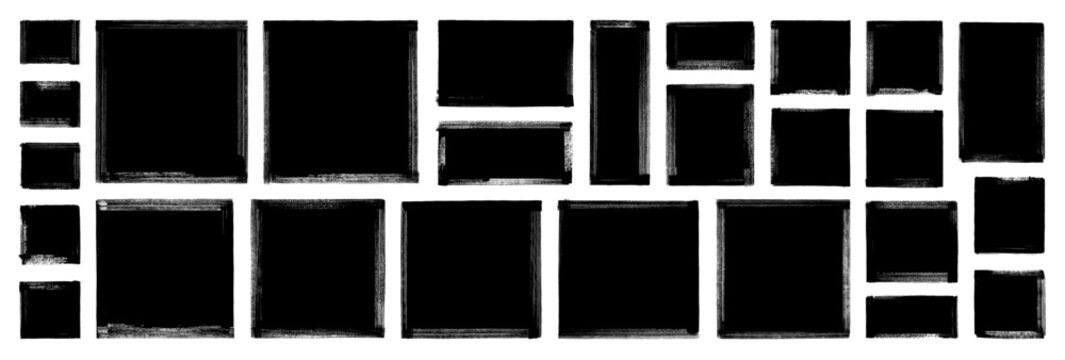 Black grunge vector rectangular and square text box frames. Hand drawn rough texture brush strokes. Black paint stamps on transparent background. Grungy sketch bg. Dirty graffiti banner. Ink splashes