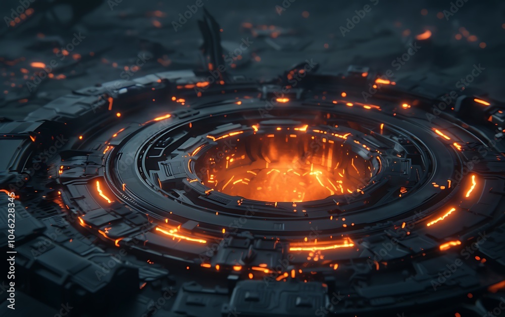 Poster futuristic fusion reactor converting raw energy into electricity in desert setting