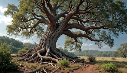 Fototapeta premium Wind-Bent Oak Tree Amidst Debris