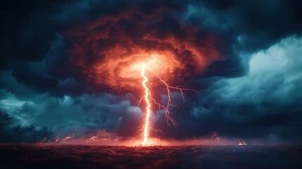 Obraz premium Dramatic lightning bolt illuminating stormy sky at dusk.