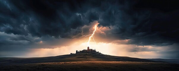 Fototapeta premium Lightning strikes above a distant castle under a dramatic sky.