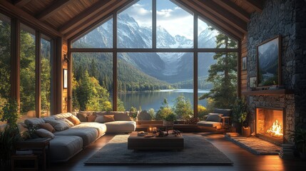 Fototapeta premium Cozy cabin interior with mountain view and fireplace.
