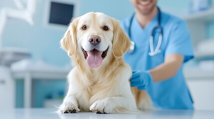 Capture a vet gently examining a dog showcasing a caring and professional atmosphere.