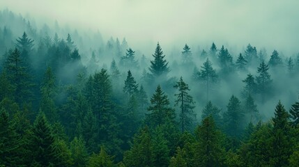Fototapeta premium Misty green pine forest shrouded in dense white fog on a cool moody morning.