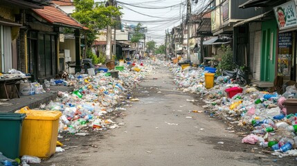Fototapeta premium Urban Street Flooded with Garbage and Waste Bins