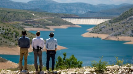 Three men stand on a hillside, looking out at a large body of water and dam in the distance.