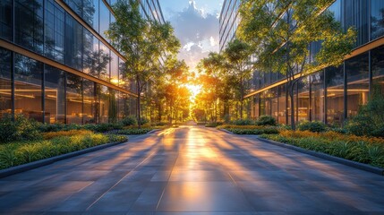 Serene urban pathway illuminated by sunset through trees.