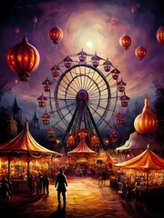 Fototapeta premium Clowns Halloween Festival. A giant Ferris wheel stands tall, Pumpkins and tents line the carnival grounds. surreal art