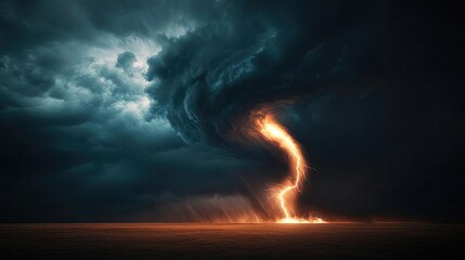 Fototapeta premium Dramatic tornado swirling above a dark landscape under stormy clouds.