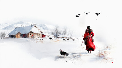 Red watercolor painting of Siberian Nenets girl in nomadic camp