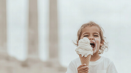 A joyful child enjoying a large ice cream cone outdoors on a sunny day near historic columns