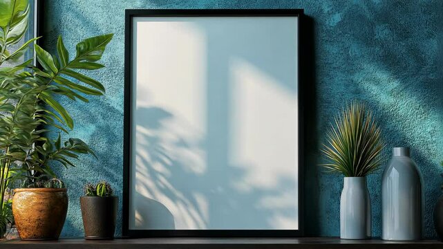 Mock up poster frame close up on shelf with decoration, Video