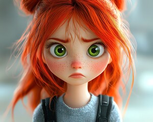 Fototapeta premium Cute young schoolgirl with bright red hair and a backpack, pouting with concern, her large green eyes expressing her feelings of worry