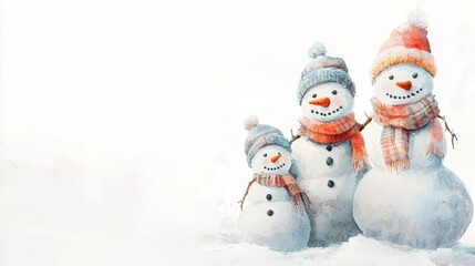 Watercolor snowman family with scarves and hats in pastel hues