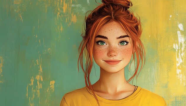 Delightful illustration of a young woman with red hair and freckles, showcasing her cheerful demeanor in a lively cartoon scene