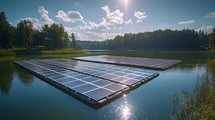 Floating Solar Panels on Serene Lake Water Surface