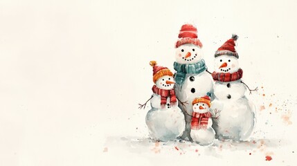 Watercolor snowman family with scarves and hats in pastel hues