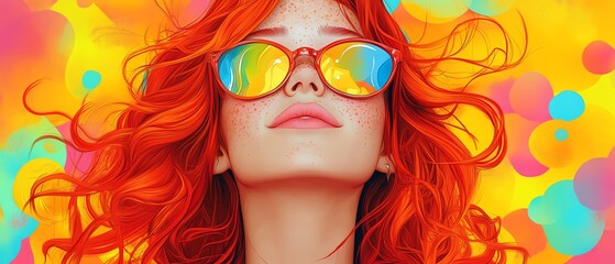 Fototapeta premium Happy cartoon illustration of a young woman with vibrant red hair and cute freckles, radiating positivity in a colorful setting