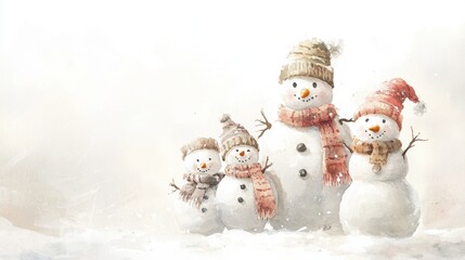 Obraz premium Watercolor snowman family with scarves and hats in pastel hues