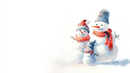 Watercolor snowman family with scarves and hats in pastel hues