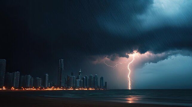 Stormy sky with lightning over a city skyline at dusk, dark clouds and ocean waves.