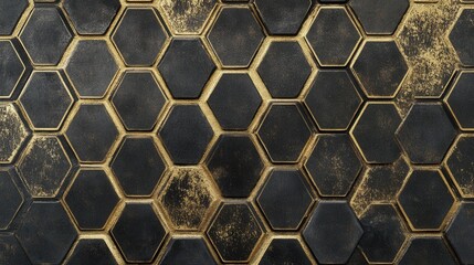 Black background with a luxurious golden geometric hexagon pattern, perfect for an elegant and modern wallpaper design.