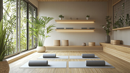 a contemporary yoga room with bamboo flooring