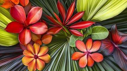 Fototapeta premium Vibrant tropical leaves and flowers create dynamic botanical composition, showcasing rich colors and textures that evoke sense of lush paradise