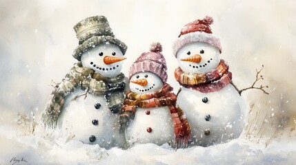 Fototapeta premium Watercolor snowman family with scarves and hats in pastel hues