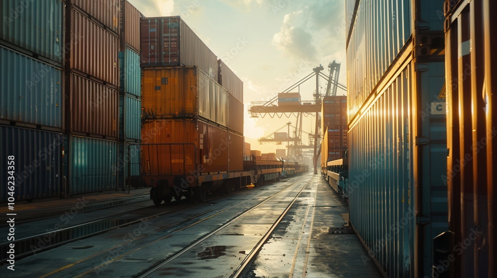 Aufkleber containers are being loaded from a truck to a train at a bustling transport hub, showcasing the effi