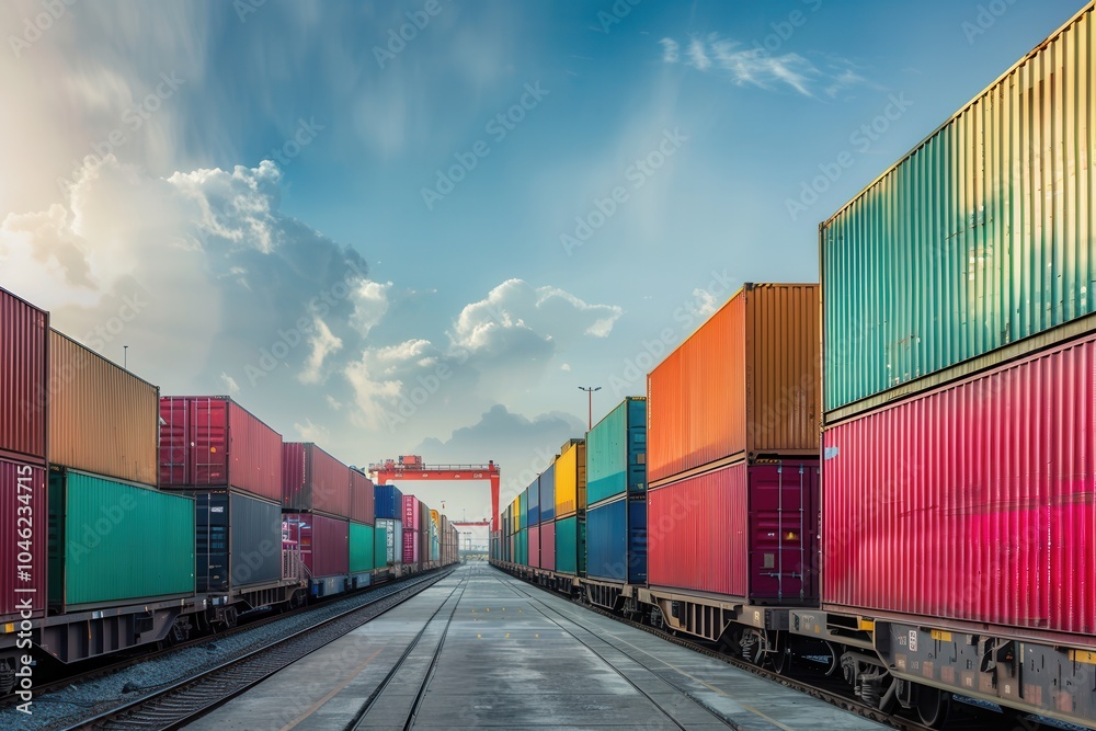 Aufkleber Containers are being efficiently loaded onto a train in a freight yard, showcasing the integration of different transport methods. Generative AI