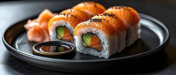 An elegantly arranged plate of sushi featuring salmon and avocado rolls, garnished with pickled ginger and soy sauce, highlighting vibrant colors and textures.