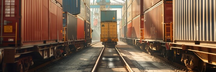 Workers coordinate the loading of containers from trucks onto trains in a bustling freight yard under clear skies. Generative AI