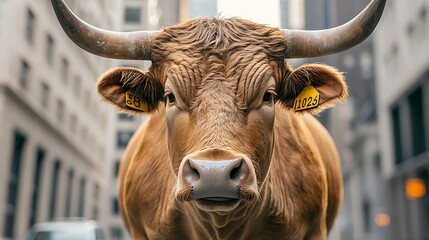 Naklejka premium Cow in Urban Environment with Cityscape Background