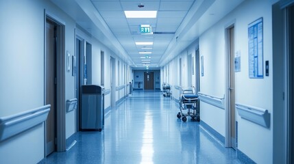 A hospital corridor with blueish lighting, handrails on walls, closed doors on either side, and medical equipment on wheels positioned near one wall.